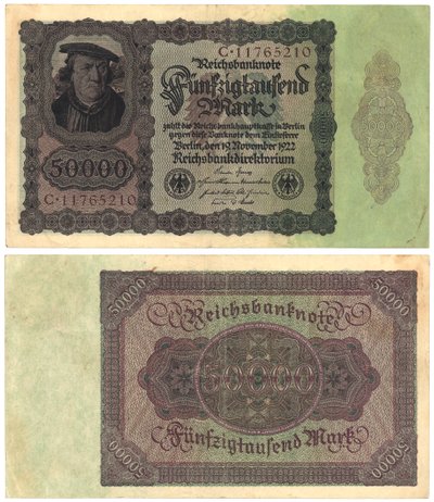 En femtiotusenmarkssedel, 1922 (recto och verso) av German School