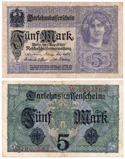 En femmarkssedel, 1917 (recto and verso) av German School