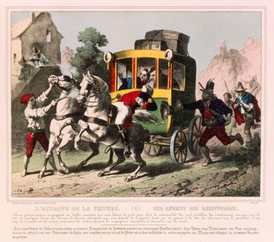 Ett par på smekmånad attackeras av vägmän i Italien, bildblad publicerat av Gangel & P. Didion, Metz, ca 1850 av German School