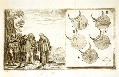 En militär attack planerad i enlighet med faserna av en förmörkelse, illustration från en bok om de osmanska kampanjerna i Europa, graverad av Paul Furst (ca 1605-66) av German School