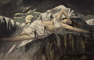 En naken kvinna på en bergssida som klättras av bergsbestigare medan månen tittar på (collage) av German School