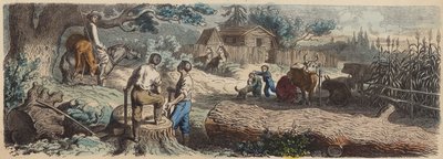 En ny bosättning i amerikanska västern (färgad gravyr) av German School