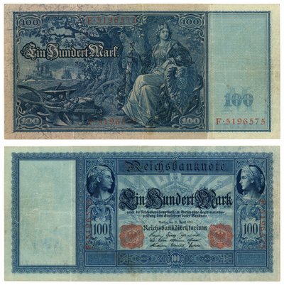 En hundra mark sedel, 1910 (recto och verso) av German School