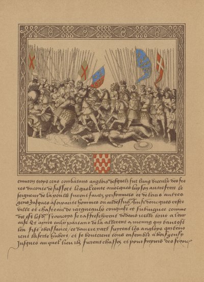 En sida från ett franskt 1500-talsmanuskript som visar en scen från Froissarts Chronicles av German School
