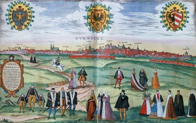 En panoramautsikt över Nürnberg, med figurer i lokal klädsel i förgrunden, c.1575 av German School