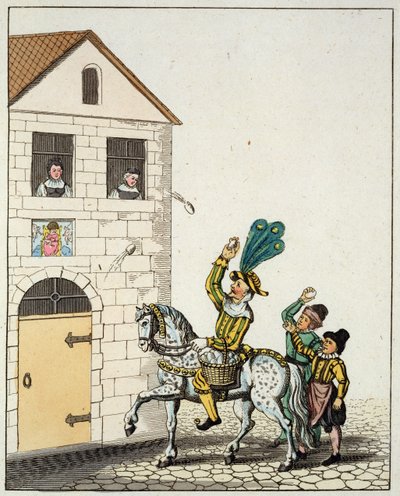 En runddans på stadens stora torg, från Old Nurembergs Customs and Jester on a Piebald Horse Throwing Eggs, från Old Nurembergs Customs and Practices in Games and Songs, återutgiven 1831 (färg av German School