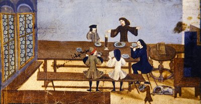 En kroginteriörscen med figurer som dricker, ca 1690 (gouache på papper) av German School