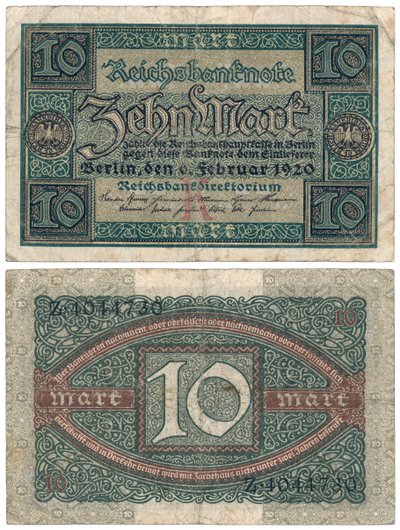En tio marks sedel, 1920 (recto och verso) av German School