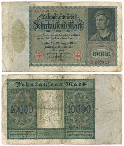 En tiotusenmarkssedel, 1922 (recto och verso) av German School