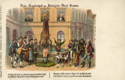 En sann historia vid Stuttgart Market Fountain (färg litho) av German School
