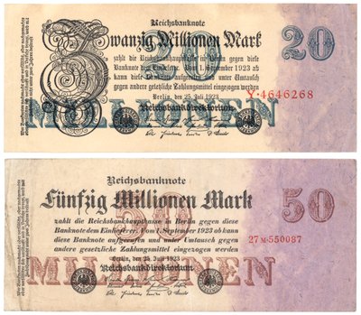 En tjugo och femtio miljoner marksedlar, 1923 av German School