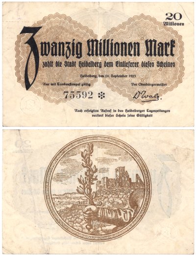 En sedel på tjugo miljoner mark, 1923 (recto and verso) av German School