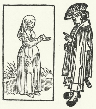 Ett träsnitt av en scen ur historien om Till Eulenspiegel. (gravyr) av German School