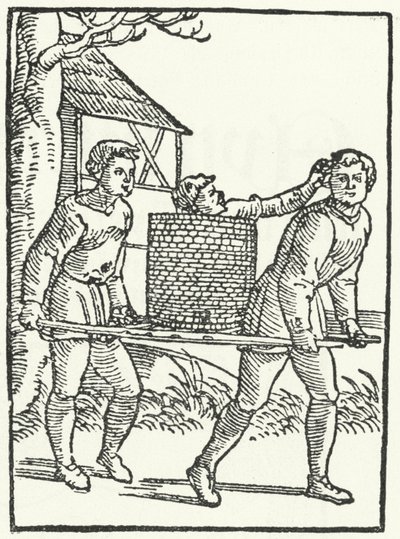 Ett träsnitt av en scen ur historien om Till Eulenspiegel (gravyr) av German School