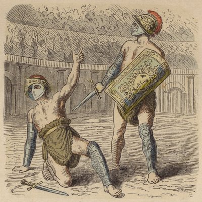 En sårad romersk gladiator vädjar till folkmassan om sitt liv (färgad gravyr) av German School