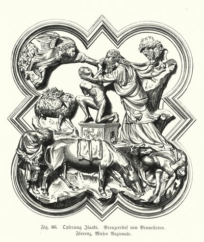 Abraham offrar sin son Isak till offer, bronsrelief av Filippo Brunelleschi (gravyr) av German School