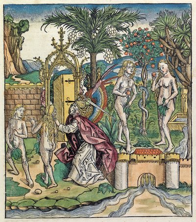 Adam och Eva förvisas från Eden, publicerad i Nuremberg Chronicle, 1493 av German School