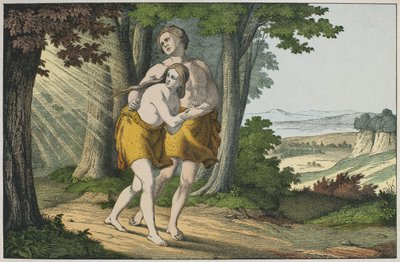 Adam och Eva fördrivna från paradiset, illustration från Lancien Testamentet, utgiven av Jakob Ferdinand Schreiber, Esslingen (färgstick) av German School