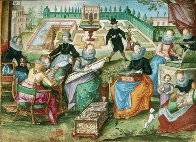 Add.1 7025 fol.50 Damer sittande vid deras broderi, från 