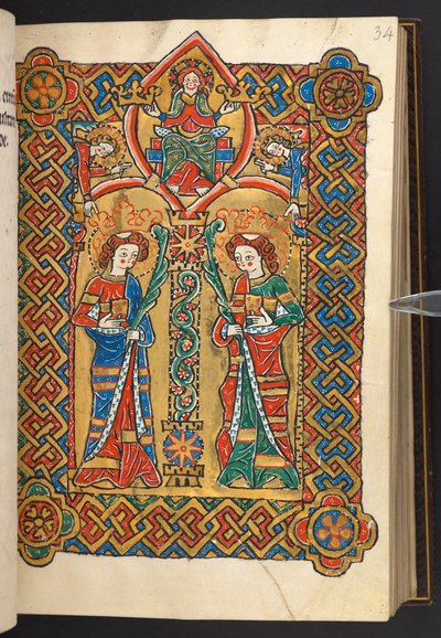 Lägg till. 60629, f.34 Kristus och änglar kröner två klosterhelgon (vellum) av German School