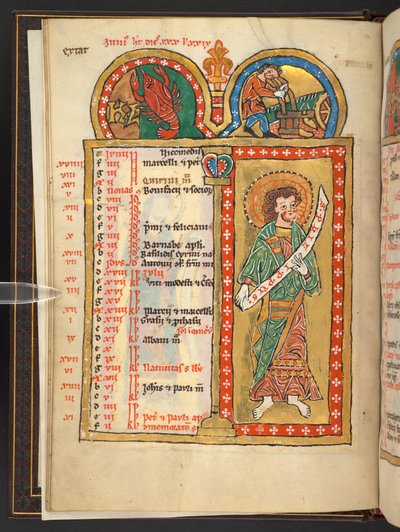 Lägg till. 60629, f.3v juni, från 12 kalendersidor i guld och färger, med arkitektoniska ramar som var och en innehåller ett stjärntecken, en apostel och ett månadsarbete (vellum) av German School