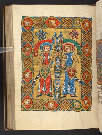 Lägg till. 60629, f.84v Två militära helgon, med andras huvuden (vellum) av German School
