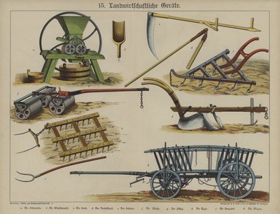 Jordbruksutrustning (färg litho) av German School