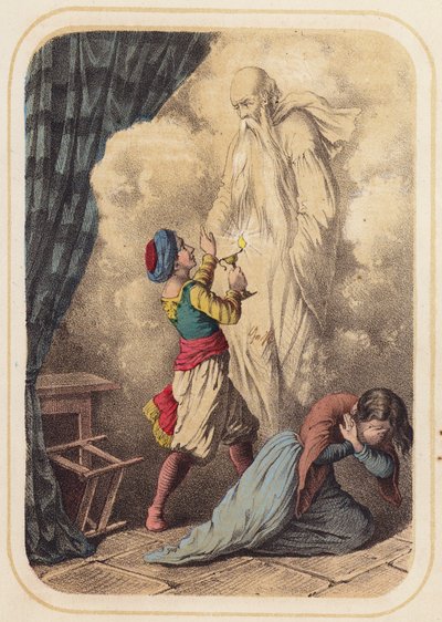 Aladdin, en scen från Tusen och en natt (färg litho) av German School