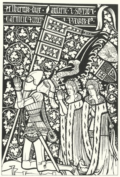 Albert III, hertig av Österrike, med sina två fruar, Elisabeth av Böhmen och Beatrice av Nürnberg (gravyr) av German School