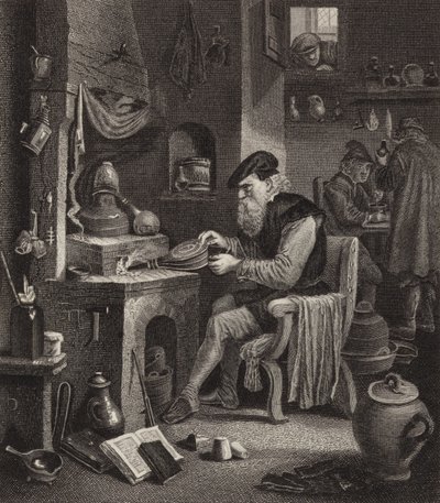 Alkemist på jobbet. Illustration för Bilder-Atlas (gravyr) av German School