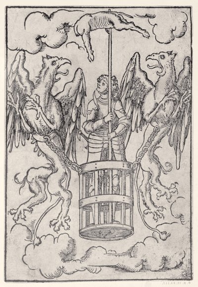Alexander den store buren upp i luften av två gripare, c.1525 av German School