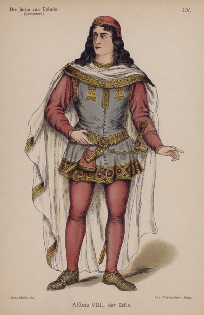 Alfonso VIII, den ädle, från Die Judin von Toledo (Judinnan i Toledo) av Franz Grillparzer (färg litho) av German School