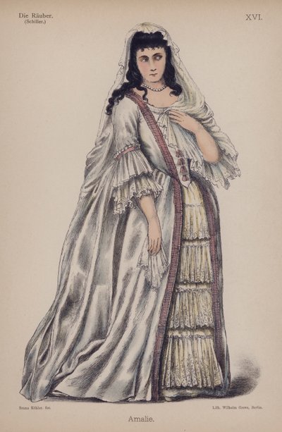 Amalie, från Die Rauber (Rånarna) av Friedrich Schiller (färg litho) av German School