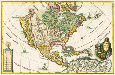 Amerika borealis. Karta över Nordamerika som visar Kalifornien som en ö, från Heinrich Scherers Geographia hierarchica av German School