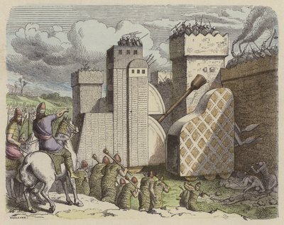 En assyrisk armé som belägrar en stad (färgad gravyr) av German School