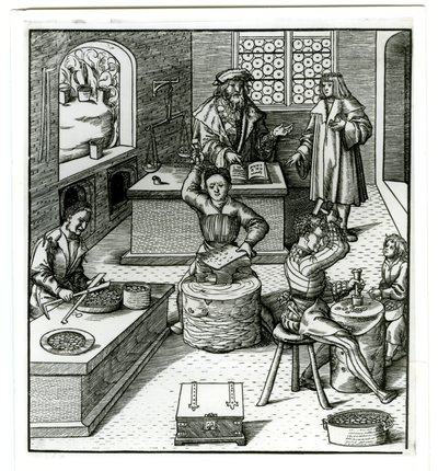 En europeisk mynta från tidigt 1500-tal, från Der Weisskunig (gravyr) av German School