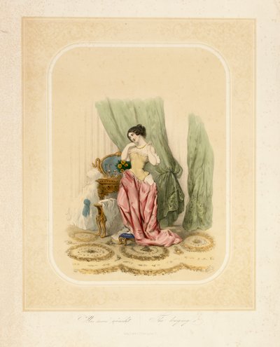 En elegant dam vid sitt sminkbord, tryckt av F. Sala & Co, Berlin, ca 1850 av German School