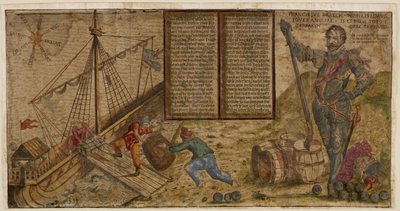 En illustrerad bredsida som hyllar Francis Drakes kampanj mot spanjorerna, illustration från "Hier steh ich Drach in Engelandt" (penna och bläck med tvätt på papper) av German School