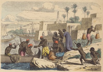 Forntida egyptiska fiskare (färgad gravyr) av German School