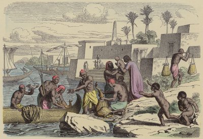 Forntida egyptiska fiskare (färgad gravyr) av German School