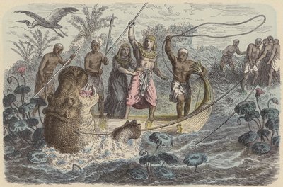 Forntida egyptisk farao på en flodhästjakt (färgad gravyr) av German School