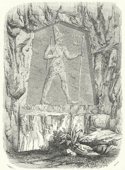 Forntida egyptisk relief tänkt att föreställa farao Sesostris eller Ramesses II (gravyr) av German School