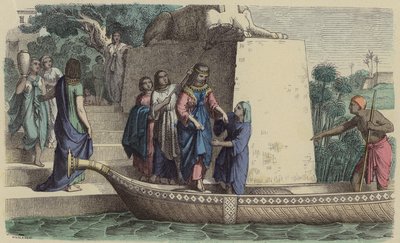 Forntida egyptisk kvinna av hög rang som tar en båttur (färgad gravyr) av German School