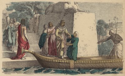 Forntida egyptisk kvinna av hög rang som tar en båttur (färgad gravyr) av German School