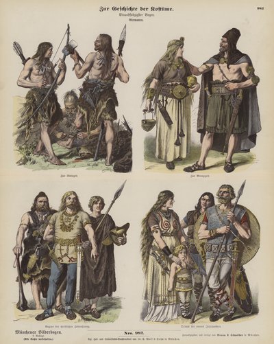 Gamla germanska dräkter (färgad gravyr) av German School