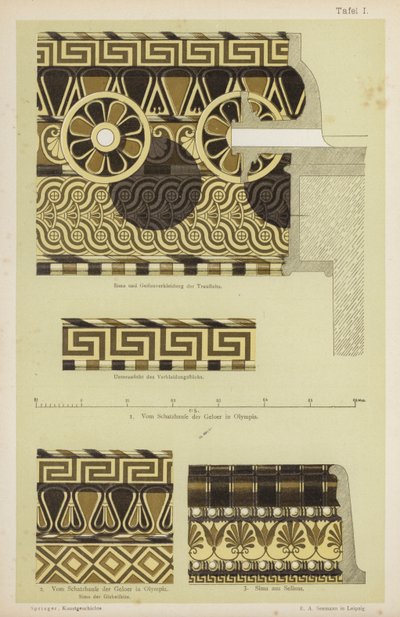 Forntida grekisk arkitektonisk dekoration (färg litho) av German School