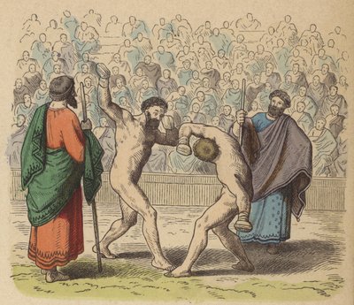 Forntida grekisk boxning (färgad gravyr) av German School