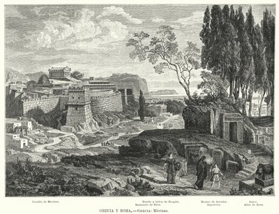 Den antika grekiska staden Mykene (litho) av German School