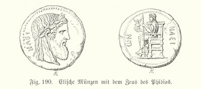 Forntida grekiska mynt från Elis med bilder av Zeus från Phidias (gravyr) av German School