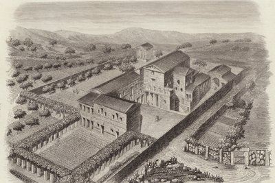Forntida grekiska hus på landet i Al-Barah, Syrien. Illustration för Bilder-Atlas (gravyr) av German School